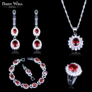 Classique Dubai Style rouge créé grenat blanc Zircon couleur argent ensembles de bijoux Bracelets pendentif boucle d'oreille anneau pour l'amour H1022