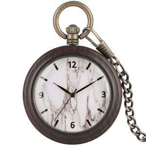 Classique Montre De Poche En Bois D'ébène Cadran En Marbre Blanc Montres De Poche Bronze Pendentif Chaîne Cadeaux Pour Hommes Femmes T200502