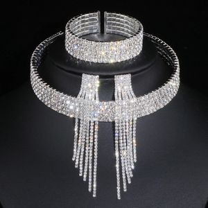 Classic Elegant Tassel Crystal Bridal Sieraden Sets Afrikaanse Rhinestone Wedding Ketting oorbellen Bracelet WX081 240401