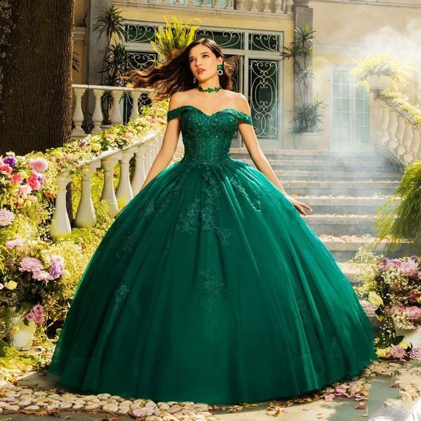 Vestidos de quinceañera verde esmeralda clásicos Apliques de encaje Cariño Rebordear Tul Vestidos de fiesta Vestido de fiesta Vestido De 15 Anos Personalizado Tallas grandes Ropa para ocasiones especiales