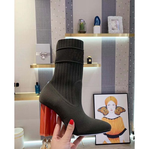 Zapatos de mujer de estilo europeo clásico, decoración de calcetines y zapatos con letras para damas, botas sexy con costuras de tacón alto con parte inferior de goma