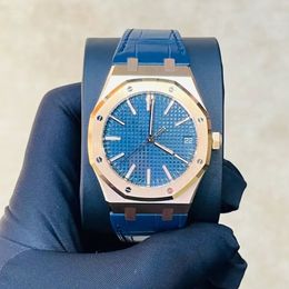 Classic Fashion Automatic Machinery 41mm 904L Relógio Masculino de Aço Inoxidável Mostrador Azul com Pulseira de Couro, Movimento Transparente de Designer