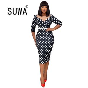 Mode classique Noir Blanc Dot Imprimé Femmes élégantes Robe de bureau Col V profond Manches longues Style français Midi Thé en gros 210525