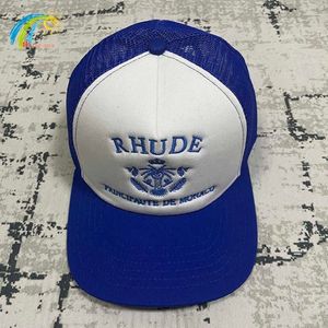 Klassieke Mode Blauwe Letters Kroon Borduren RHUDE Hoed Mannen Vrouwen Verstelbare Zonnebrandcrème Mesh Patchwork RHUDE Baseball Cap235Q