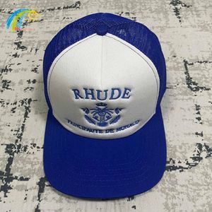 Classic Fashion Blue Letters Crown Embroidery Rhude Hat Men Women Verstelbare zonnebrandcrème Mesh Patchwork Rhude Baseball Cap 277o