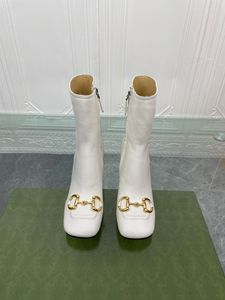 Bottes pour femmes à bouton en métal de mode classique avec fermeture à glissière latérale, noir et blanc avec 7,5 cm de haut, emballage complet