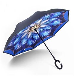 Paraguas plegable clásico inverso, 52 estilos, doble capa, mangos largos invertidos, paraguas para lluvia a prueba de viento para coche, paraguas con mango en C
