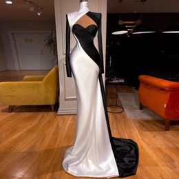 Robe de soirée de forme sirène, classique, noire et blanche, manches longues, col haut, froncée, robes de bal élégantes, sur mesure, 0326