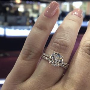 Klassieke Vier klauwen ring vinger 925 Sterling Zilver 2ct Ronde geslepen Diamant Bruiloft Verlovingsringen voor Vrouwen Sieraden Whole273z