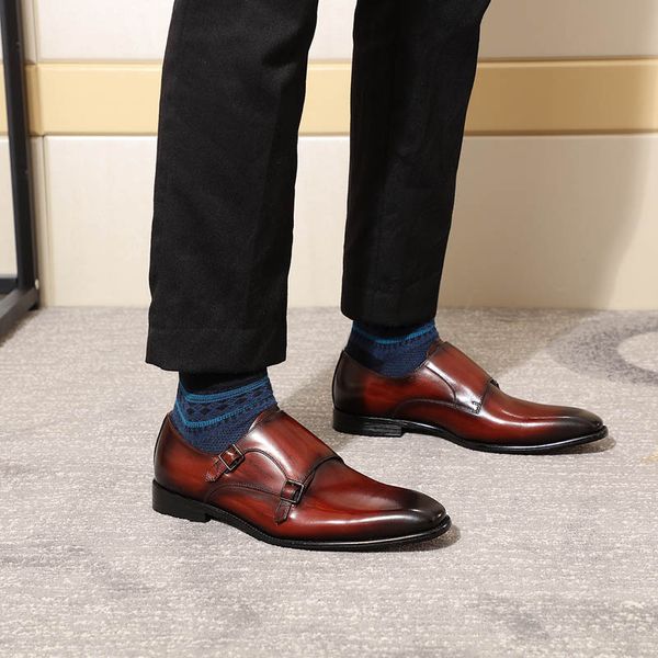 Zapatos clásicos de cuero genuino para hombre, zapatos de vestir con doble correa de monje, negro, Borgoña, fiesta, boda, zapatos formales de oficina de negocios para mí