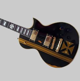 Guitarra eléctrica negra brillante personalizada de fábrica con diapasón de palisandro estilo reliquia Hardwares dorados Perla blanca Traste I
