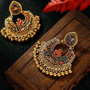 Boucles d'oreilles Jhumka indiennes turques, couleur or classique, Vintage, fleur, perles de cristal, pompon, Oorbellen