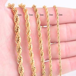 Clássico de alta qualidade banhado a ouro corrente de corda colar de aço inoxidável para mulheres masculinas moda dourada trançado cadeias de corda jóias presente 2 3 4 5 6 7mm