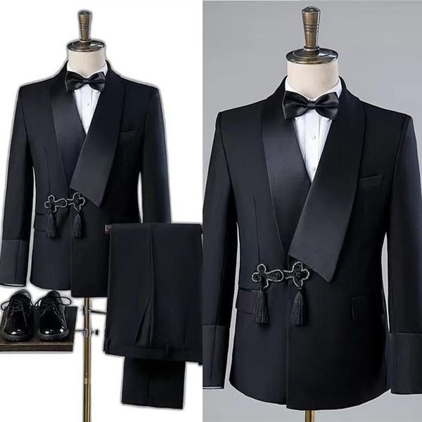 Costume classique de haute qualité pour hommes, costume de mariage avec pompon, châle, revers, un bouton, smoking, coupe cintrée, costumes de marié, 2 pièces (Blazer pantalon), taille personnalisée