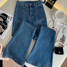 Jeans à taille haute de taille haute classique Femmes Poches vintage Stretch Slim Straight Tablers 2023 All-Match Loose Washed Denim Pantum