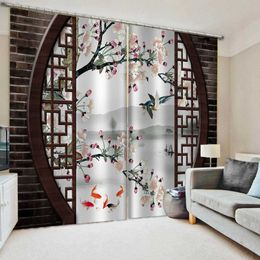 Clásico decoración del hogar diseño de cortina cortina 3D estilo chino ladrillo ciruela pájaros y cortina de flores sombra cortinas de ventana para dormitorio 210712