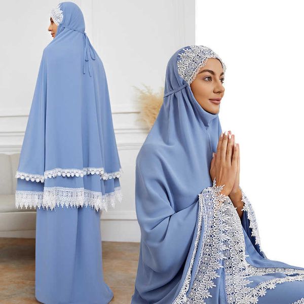 Classic Hot Model Muslim Lace Abaya Long Khimar Jupe 2 pièces Set Prayer Arab Eid Swing Hijab Robe Robe Islamic Islamic Free Taille