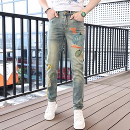 Klassieke internet beroemdheid pompoenprint heren jeans, lente en zomer trendy casual mode slanke fit broek