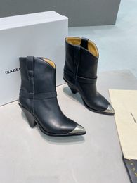 Klassieke Isabel -laarzen Marant Lamsy Heeled Enkle Boots Paris Black echte originele lederen metalen pet