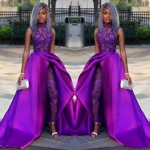 Klassieke jumpsuits prom -jurken met afneembare trein hoge nek kanten toegewezen kraal avondjurken luxe Afrikaanse feesten vrouwen broekpakken 3095