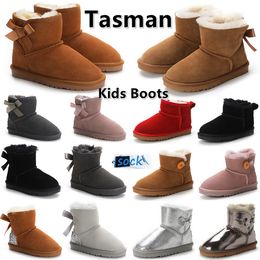 Botas clásicas para niños Tasman Zapatillas para niños Tobillo para niñas Invierno Nieve Ultra Mini botines Piel para niños pequeños Peludo Sólido Tazz Bota a prueba de agua con lazos Botón Lentejuelas