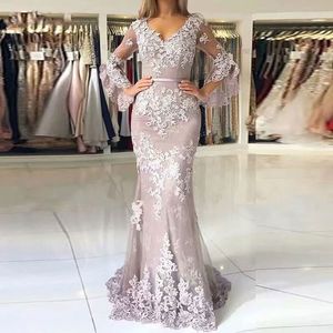 Classique Dentelle Sirène Mère De La Mariée Robes Automne 2021 Flare Manches Longues Invité De Mariage Robes Sexy Col En V Bas Dos Robe De Soirée De Bal