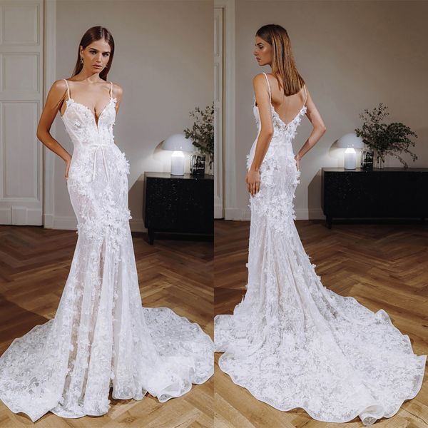 Vestidos de novia de sirena de encaje clásico, vestidos de novia con tirantes finos, apliques florales en 3D, vestidos de novia sin mangas hechos a medida