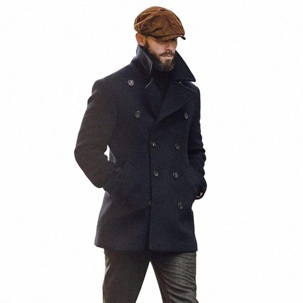 Solapa clásica Abrigos de doble botonadura Hombres Invierno Vintage Color Sólido Flojo LG Manga Trajes de lana para hombre Fi Prendas de abrigo A9tP #