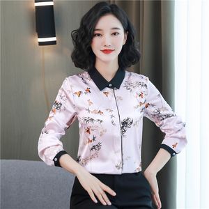 Chemisiers roses imprimés à revers classiques pour femmes, styliste de mode en satin de soie, chemises de piste, grande taille 2023, automne-hiver, chemise boutonnée, bureau, manches longues, hauts mignons