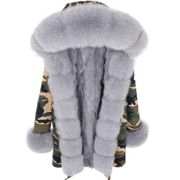 Classic Lavish grey fox furs trim Placket cuff mujeres parka MAOMAOKONG Marca forro de piel de conejo Camuflaje parkas largas chaqueta de lona de piel de nieve