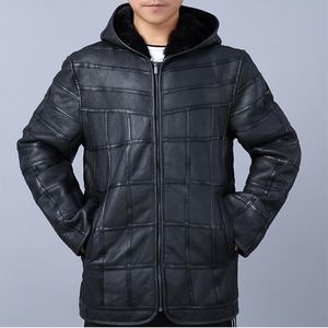 Klassiek leren jas mannen winddicht volledig schapenvacht gevoerde jassen warme mode casual echte natuurlijke bontjas hooded bovenkleding tops herenkleding