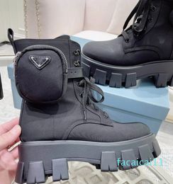 Dames en cuir classiques Martin bottes de haute qualité cheville en nylon poche bottes noires designer bout rond all-match chaussures de plate-forme d'hiver britanniques à semelles épaisses