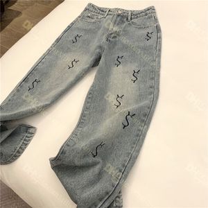 Pantalones de mezclilla con letras clásicas para mujer Letras bordadas Jeans de diseñador Pantalones de pierna ancha de cintura alta Estilo callejero Hiphop Ropa de pantalón largo