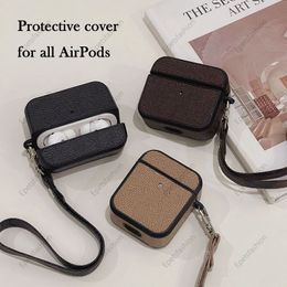 Klassiek Letter Patroon Faux Leather Luxury Design AirPods Shell Protective Case voor Apple -oortelefoons 1 2 3 Pro Designer draadloze oortelefoon Haak