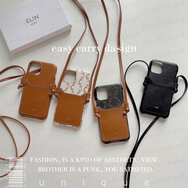 Étui de téléphone classique avec impression de lettres pour iPhone 15 14 13 12 Pro Max 11, porte-cartes en cuir, couverture de luxe, bandoulière, cordon de rouleau de cou