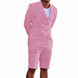 Conjuntos de trajes de lino clásicos para hombres Casual Party Fi Blazer Shorts Dos piezas Custom Male Slim Fit Trajes de doble botonadura j72S #