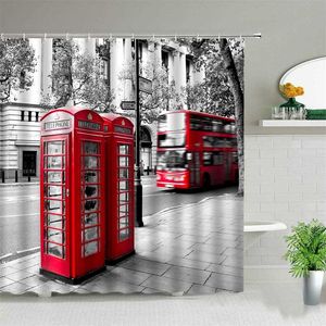 Cabina de teléfono roja clásica de Londres, conjunto de cortina de ducha de baño Retro, cortinas de tela impermeables, arte de moda, bañera, decoración del hogar 211116