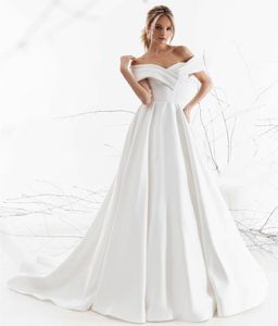 Robes de mariée en satin d'épaule long-off-off avec poches A-Line Ivory Sweep Train Bridal Bridal Zipper Back Vestido de Novia Women Robes