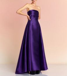 Klassieke lange paarse strapless taffeta avondjurken schede mouwloze geplooide hi-lo rits terug prom jurken voor vrouwen
