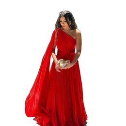 Classic Long Red Mariffon One épaule Robes de bal avec une robe de fête de sol brésilienne A-Line Cape Robes de soirée plissées maxi pour femmes