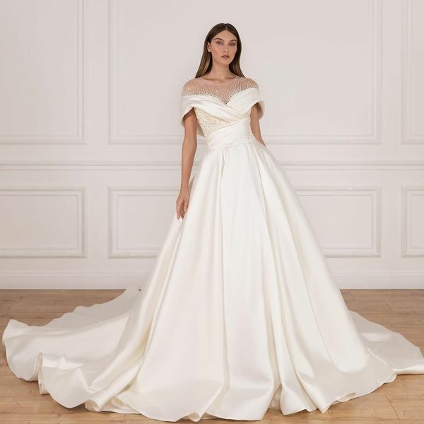 Robes de mariée en satin long cou classique avec poches A-line plies ivory balayage robe nuptiale Boutons recouverts