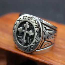 Anillo clásico de Cruz de Lorena para hombre, anillo Retro ortodoxo de oro blanco de 14K con forma de cruz, anillo de runas, regalo de joyería de motorista Punk a la moda
