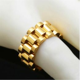 Klassieke Luxe 24K Vergulde Mannen Horlogeband Ringen Roestvrij Staal Gouden Link Ring Hip Hop Heren Stijl Mannen Ring horloges Band Ring201R