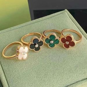 Klassieke Luxe Crystal Clover Ring Merk Natuurlijke Agaat Trouwring Mode Paar Designer Ring Roestvrij Stalen Sieraden Cadeau voor Vrouwen