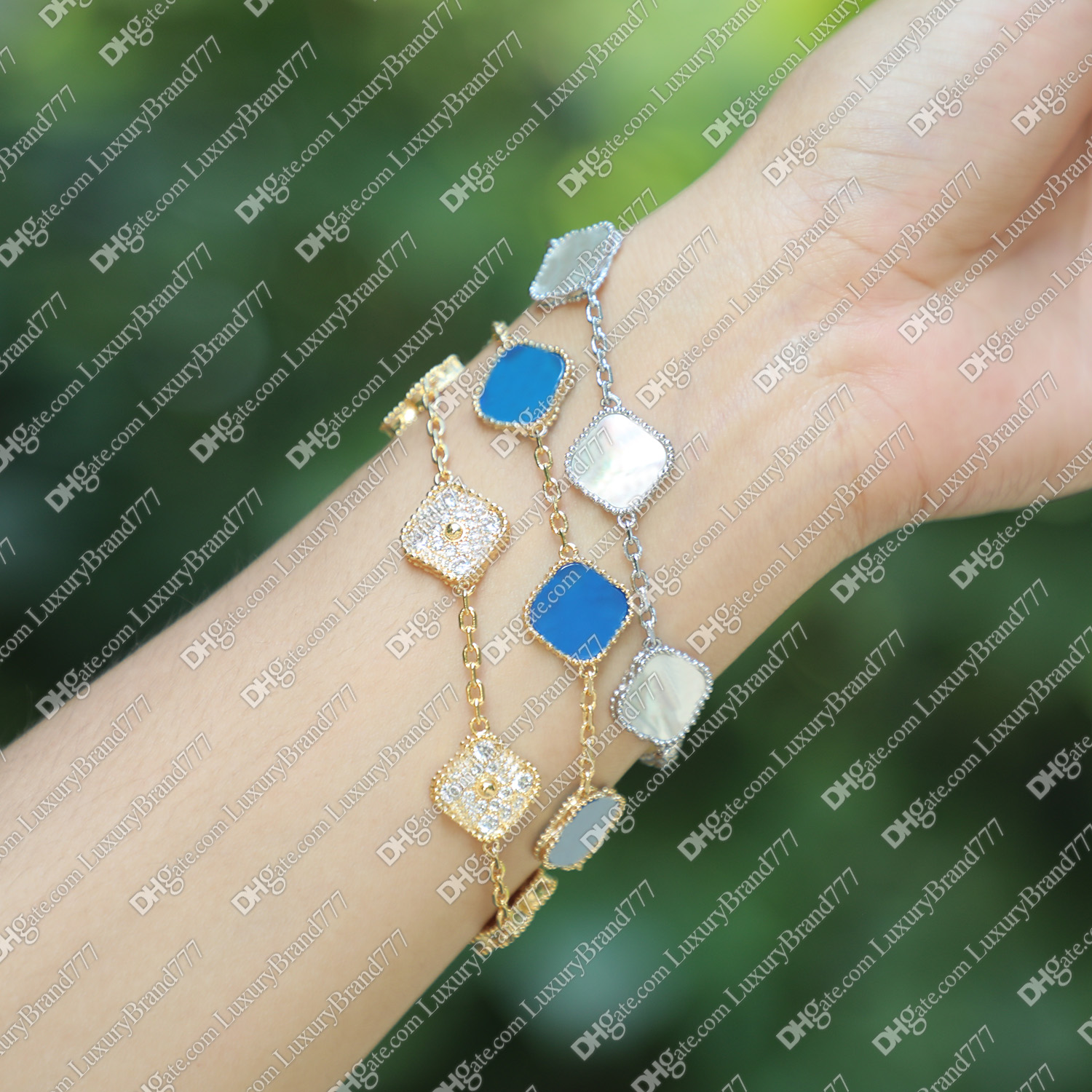 Модный классический женский браслет 4 / Four Leaf Clover Charm Jewelry Bracelet Elegant 18K Gold Agate Shell Pearl Mother and Daughter Couple Birthday Wedding Gift-A