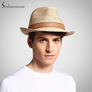 Klassieke mannetje fedora strohoed uv bescherming zomer zon hoeden voor man vrouwen handgemaakte raffia stro trilby cap beach vakantie cool y19070503