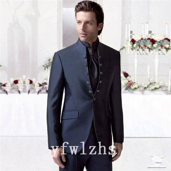 Esmoquin de solapa mandarín clásico para novio, trajes de boda para hombre, trajes de boda para hombre, trajes de esmoquin para hombres (chaqueta + Pantalones + corbata) W79