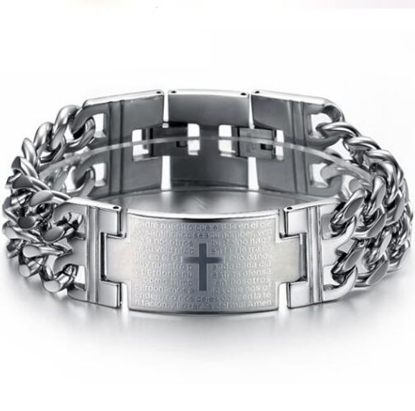 Pulsera clásica para hombre, pulsera de acero de titanio de alta calidad, oro, plata, negro, Biblia española, oración del Señor, pulsera cruzada