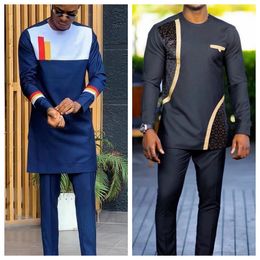 Klassieke heren 2-delige pakpak broek jasje t-shirt vaste kleur lange mouwen vakantie bruiloft Afrikaanse etnische kleding 240417