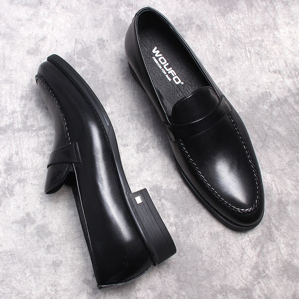 Mocasines clásicos de punta estrecha para hombre, zapatos de vestir de cuero de vaca genuino, zapatos Oxford formales de oficina de estilo italiano hechos a mano marrones